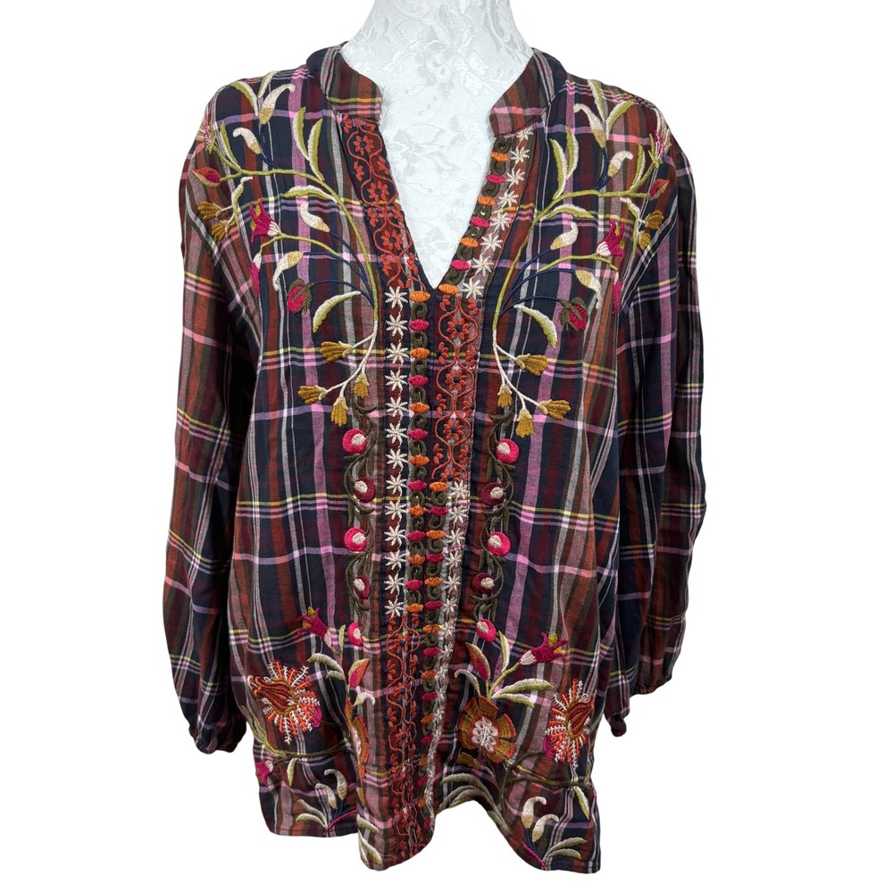 Johnny Was Workshop Tartan Plaid Embroidered Floral Shirt Blouse Top Womens L